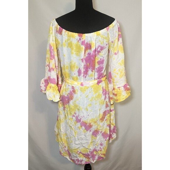 Feathers Tie Dye Off Shoulder Mini Dress Boho Bright Women's Plus 1X - Picture 3 of 12